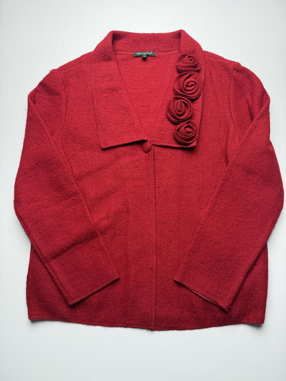 For Cynthia Sweater Cardigan Womens Large Red Collared 3/4 Sleeve Flower Knit